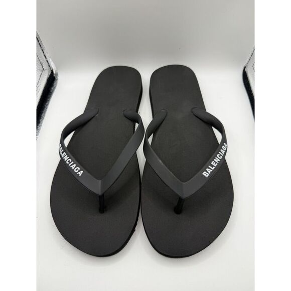 Balenciaga Shoes - Balenciaga Rubber Logo Flip Flops Black